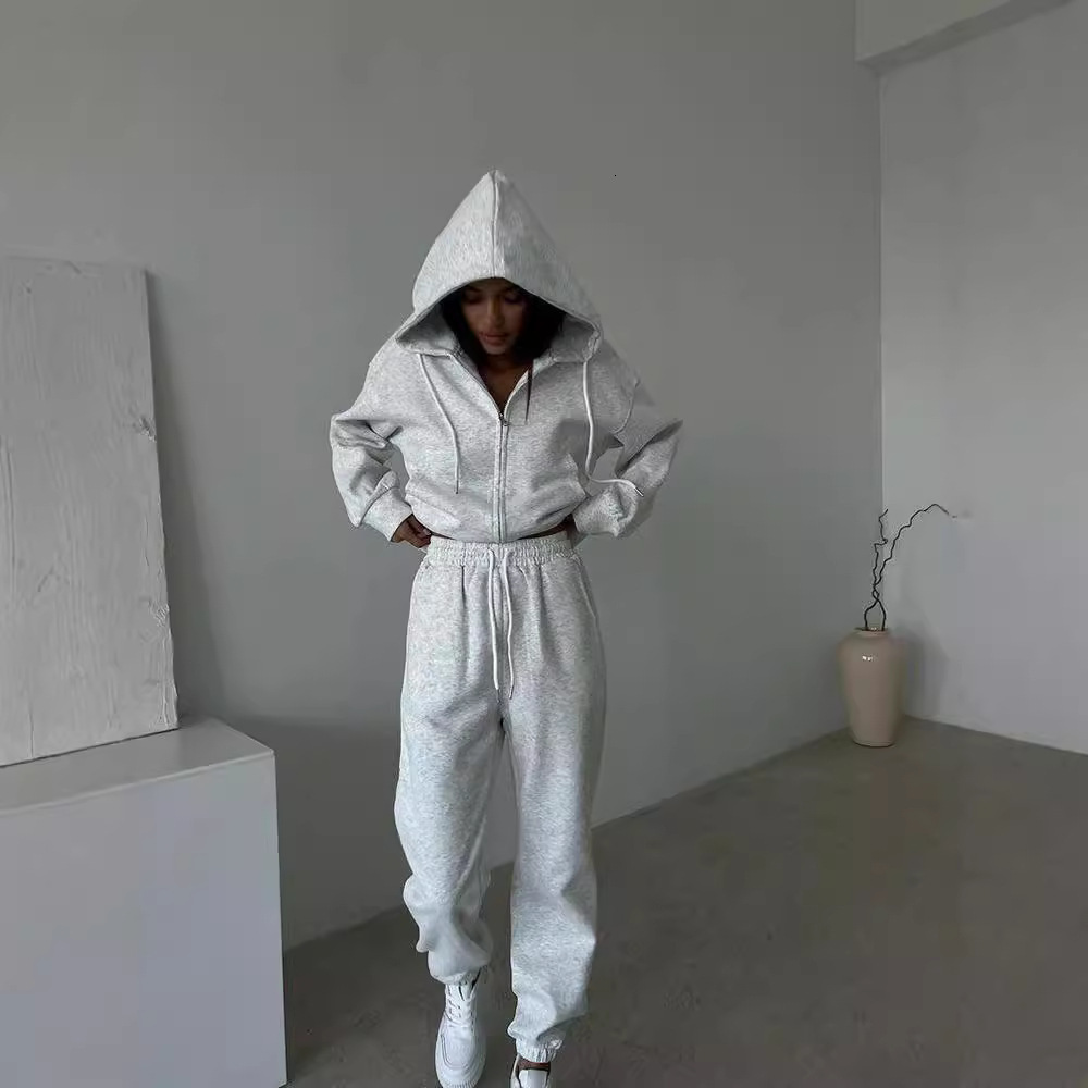 Casual Women's Solid Color Long Sleeve Zipper Hoodie Elastic Strap Pants Two Piece Set