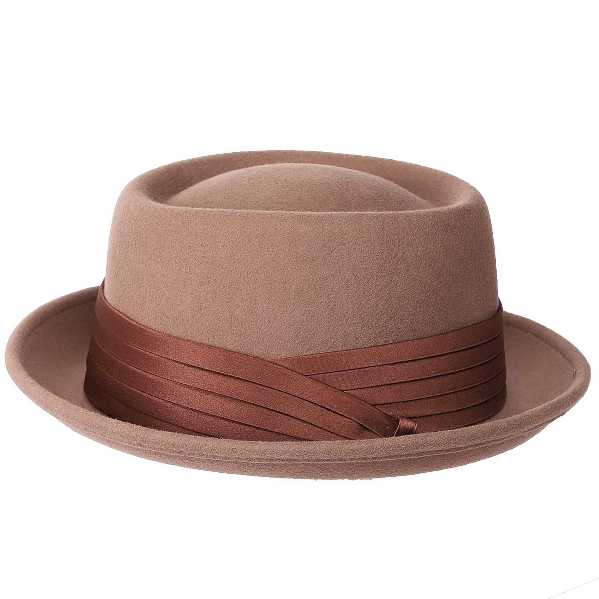 Womens Foldable Pork Pie Fedora Hat Width Brim 100% Wool Felt Pork Skin Hat Church Jazz Ribbon 250322