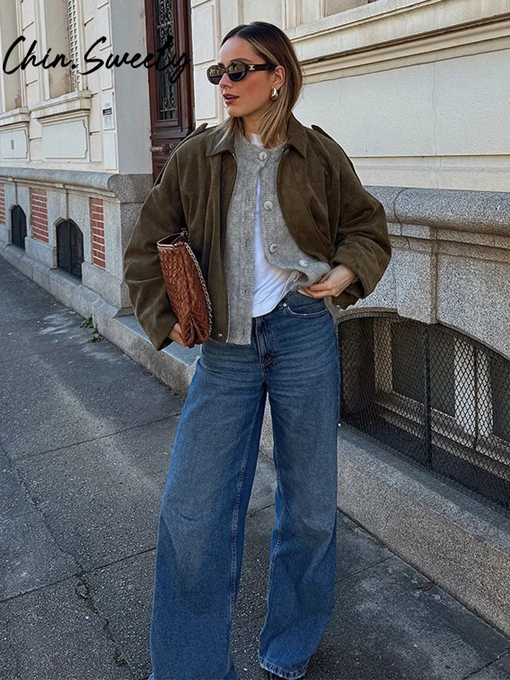 Vintage Suede Solid Women Jacket Casual Lapel Zippers Covered Button Female Coats 2025 Spring Autumn Street Lady Outwear 250325