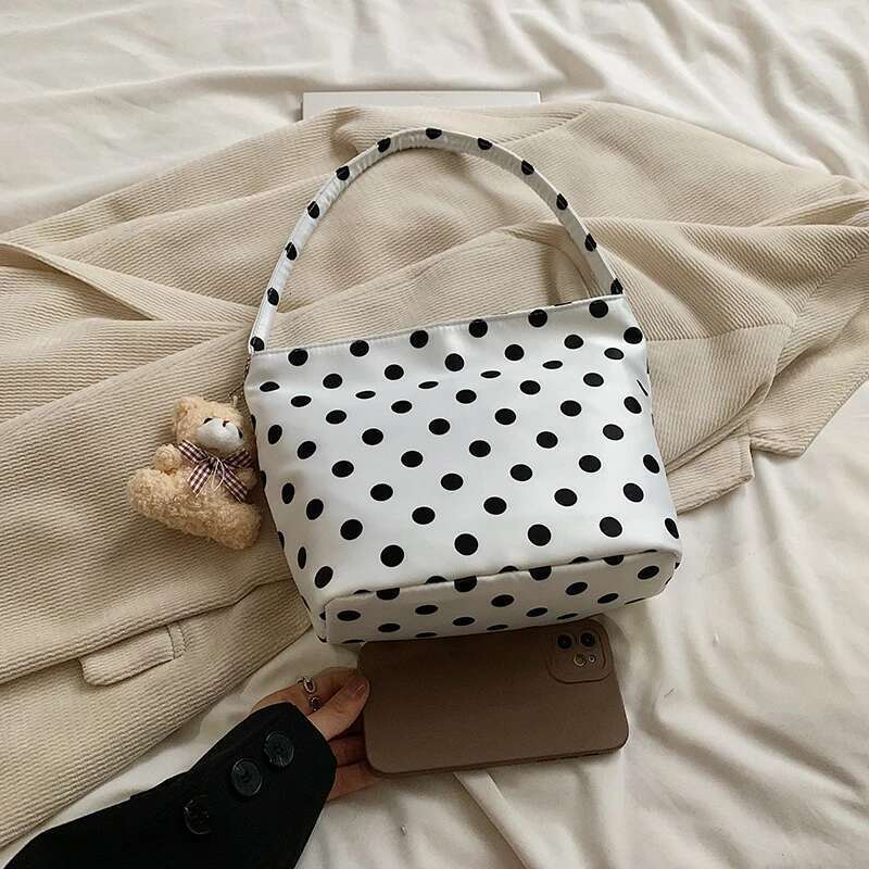 1Pcs Pure Color Polka Dot Shoulder Fashion Armpit Bucket Bag Comes With Pendant