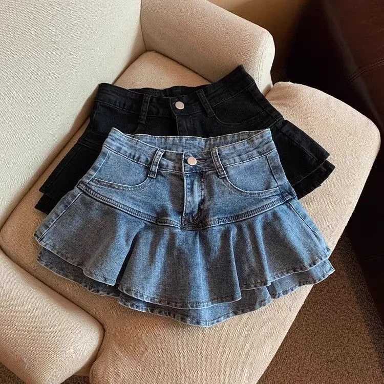 Cake skirt girl denim skirt summer new elastic waist childrens clothing shorts 2024 solid color fashion sweet fur pleatsT250325