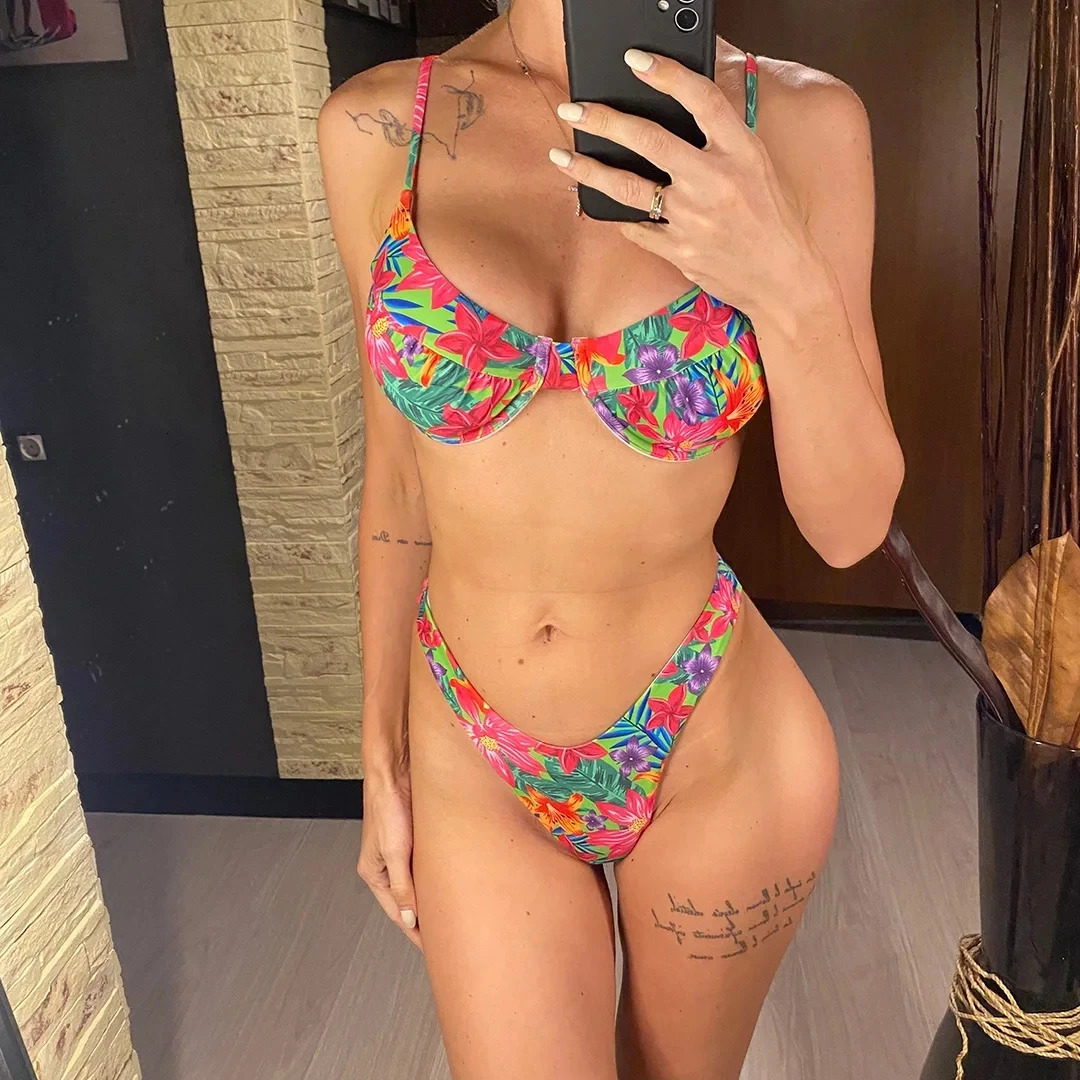 2025 womens swimsuit floral print sleeveless bikini twopiece set 250321