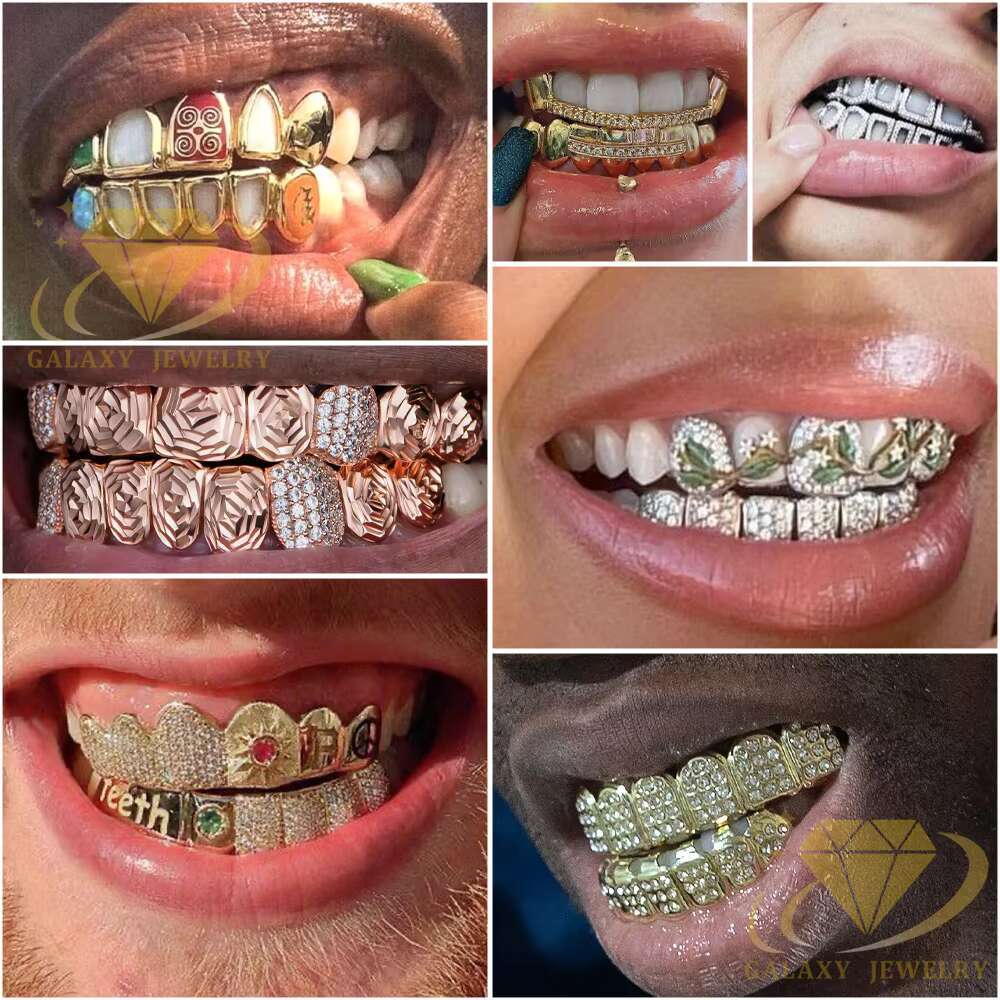 925 Silver Rose Gold Plated Custom Diamond Grills Teeth Grillz 10 Top 10 Bottom Round Brilliant Cut Vvs Moissanite Grillz