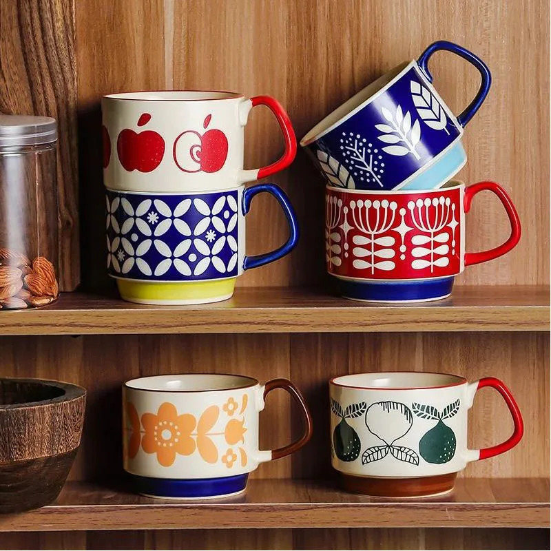 300ml Japanese Flower Coffee Cup Set Retro Ceramic Milk Oat Office Water Handle Kitchen Party Beverage 250325