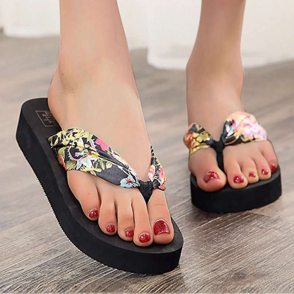 Summer ral Printing Slippers Women Bohemian Satin Strap Platform Wedge Flip ps Outdoor Thick Bottom Beach Shoes