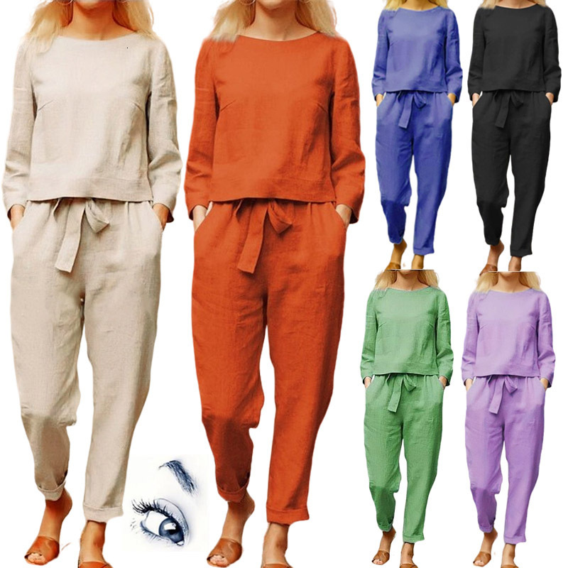 Women's Cotton En Autumn Cotton And Linen Casual Two-Piece Set