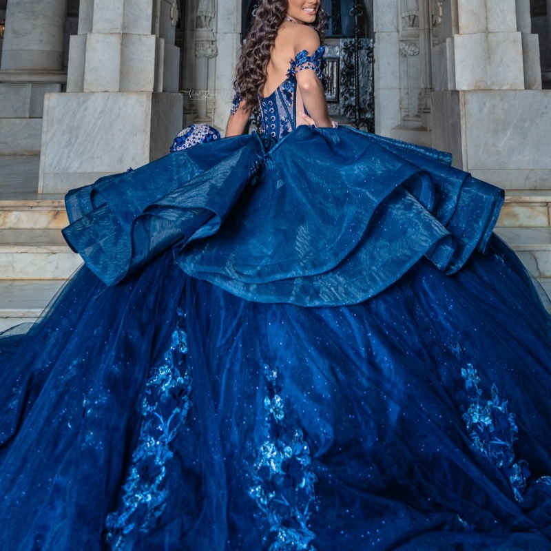 Royal Blue Shiny Princess Quinceanera Dresses Appliqued Lace Beads Tull Bow Sweet 16 Dress Off Shoulder Ball Gown Vestidos 15 De anos