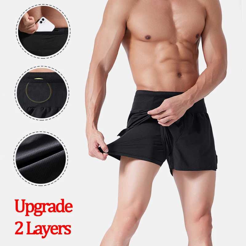 (S-4XL) Double layer fast drying marathon running shorts with zip pocket trackless fitness training shorts W250324