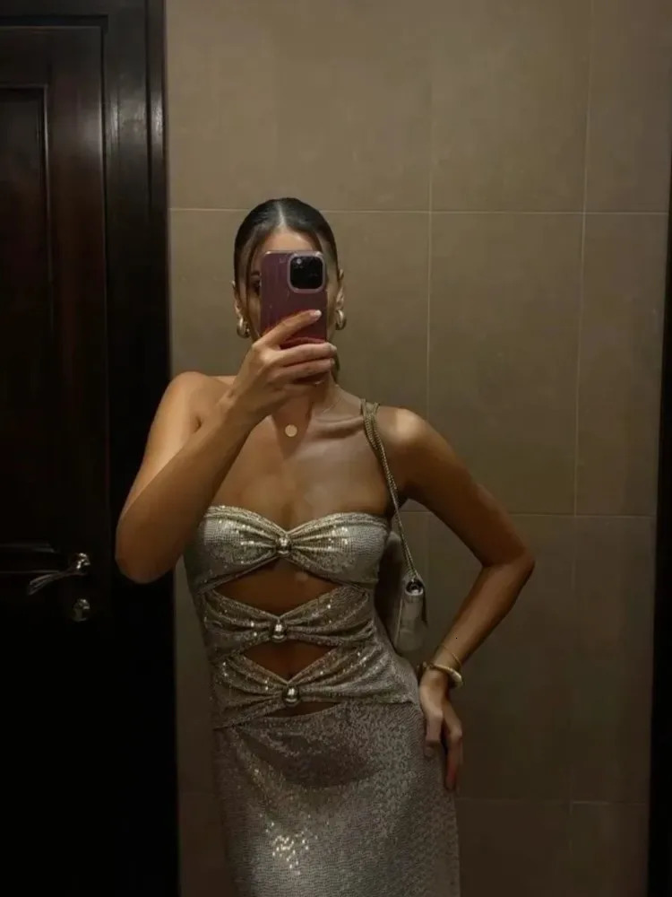 Pearl Sequin Strapless Dresses Backless Hollow Out Shiny Tube Top Dress Elegant Slim Fit Women Socialite Party Evening Robes 250325