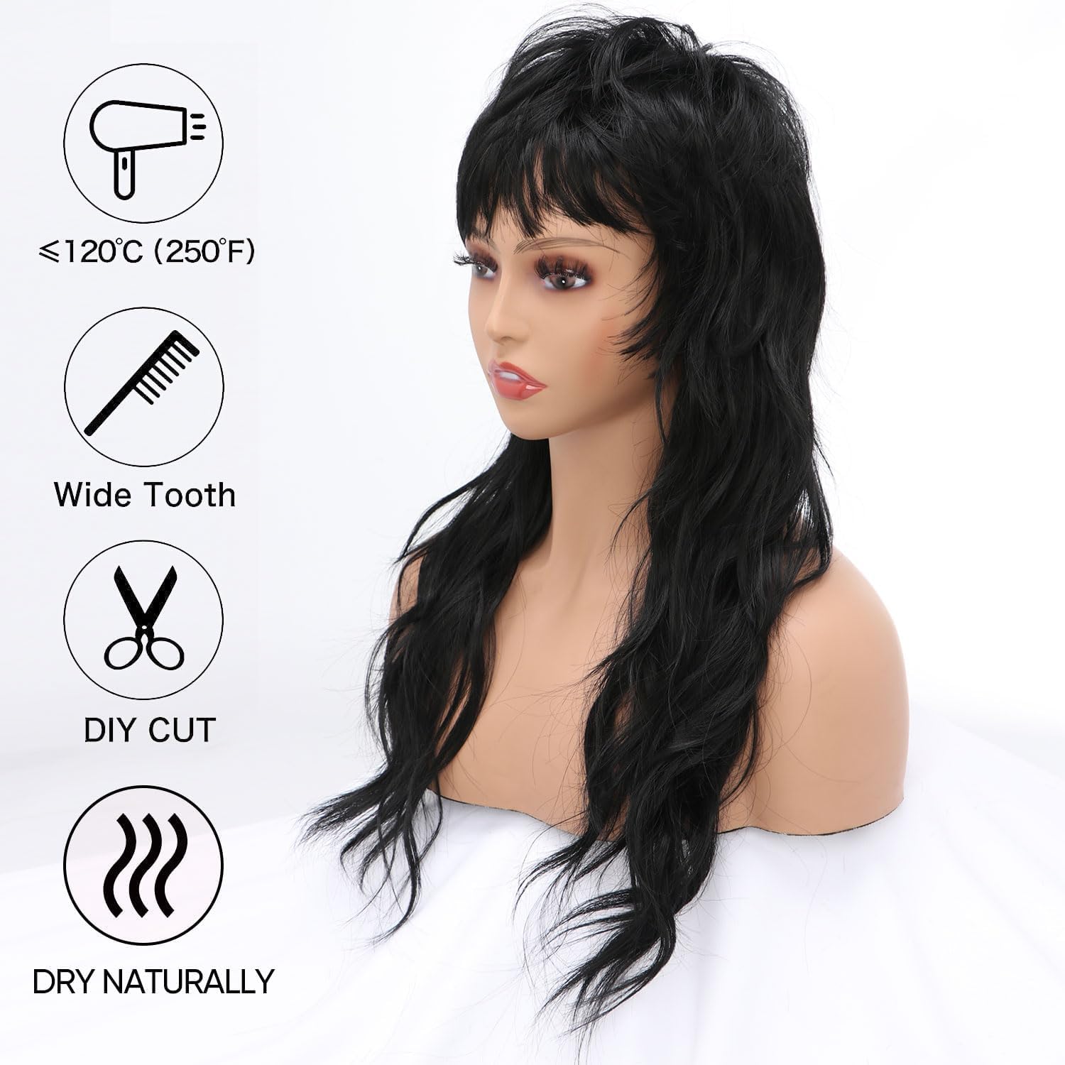 80s 90s Mullet Wigs Pixie Cut Wigs with Bangs for Black Women, Wolf Wig Wavy Long Black Synthetic Split Fringe Mullet Wig for Women Long Cosplay wig(2