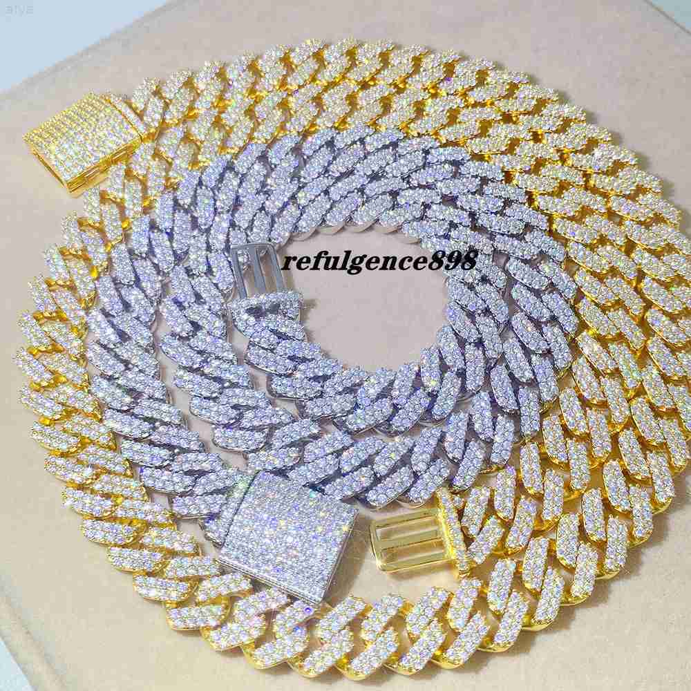Thick 12.6mm S925 Sterling Silver Full 2 Row Bling Vvs Moissanite Open Buckle Iced Out Gold Diamond Miami Cuban Chains