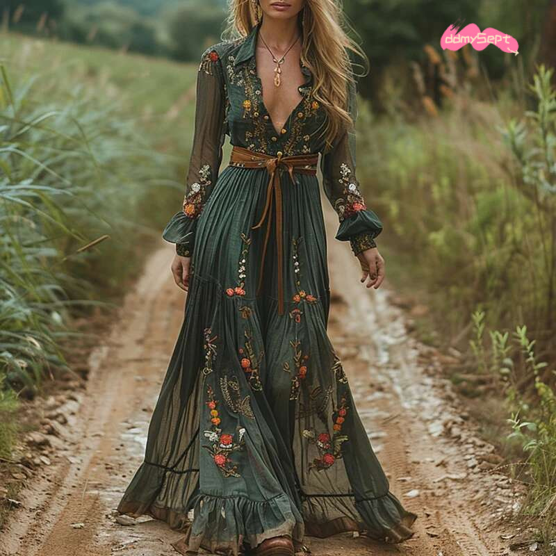 Elegant Long Sleeve Lapel Evening Autumn New Women's High Waisted Bohemian Vintage ral Printed Pleated Maxi Dress ddmySept