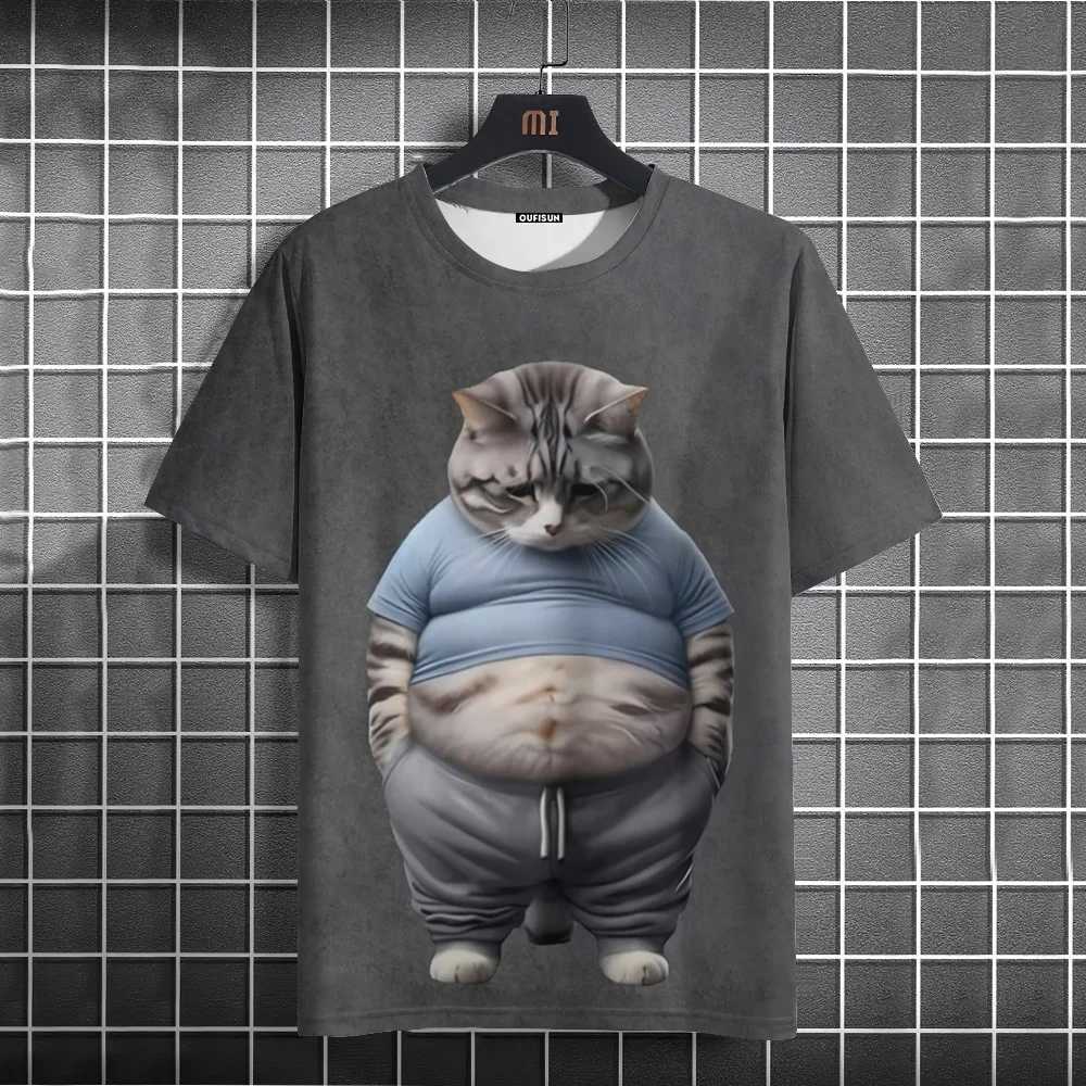 Interesting mens T-shirt animal cat 3D printed short sleeved summer casual breathable T-shirt mens loose oversized T-shirt W250324