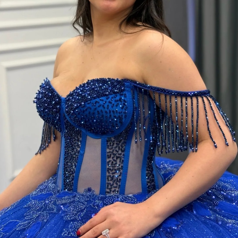 Royal Blue Shiny Princess Quinceanera Dresses Sequin Appliqued Lace Beading Tull Sweet 16 Dress Sweetheart Off Shoulder Ball Gown Vestidos 15 De anos