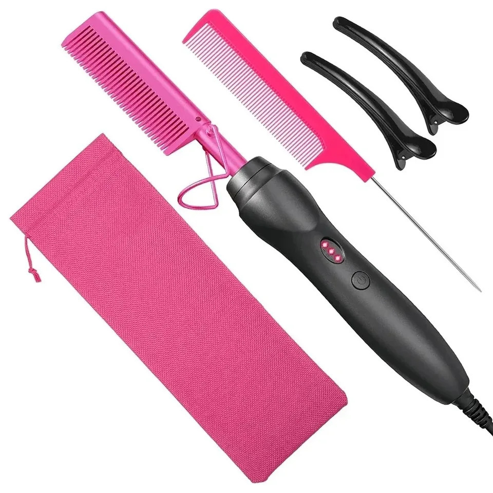 Pink Comb Electric Comb Heating Pressing Hair Straightening Iron for Hair Beard Wigs Wet and Dry Hair Styling Tools 250324