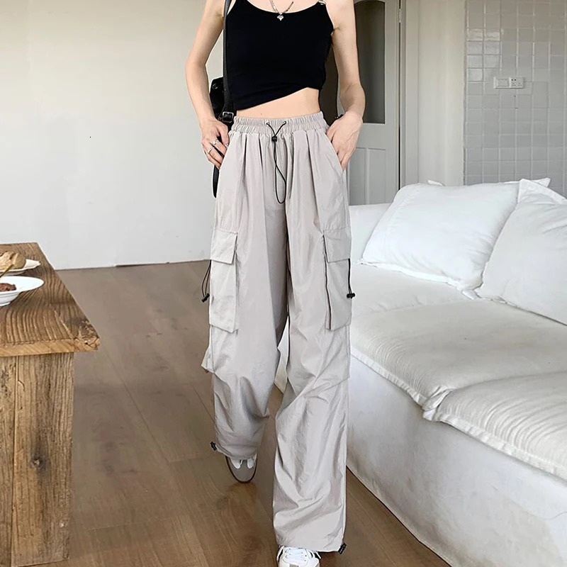 womens sports pants casual matching wide leg fashionable loose cargo drawstring runners luggage streetwear 250324Z
