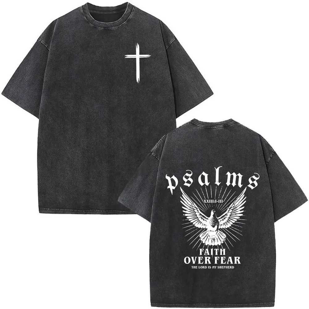 Christian Jesus Faith Over Fear Bible Verse Wash T-shirt Mens Retro Oversized T-shirt Harajuku Cotton T-shirt W250324