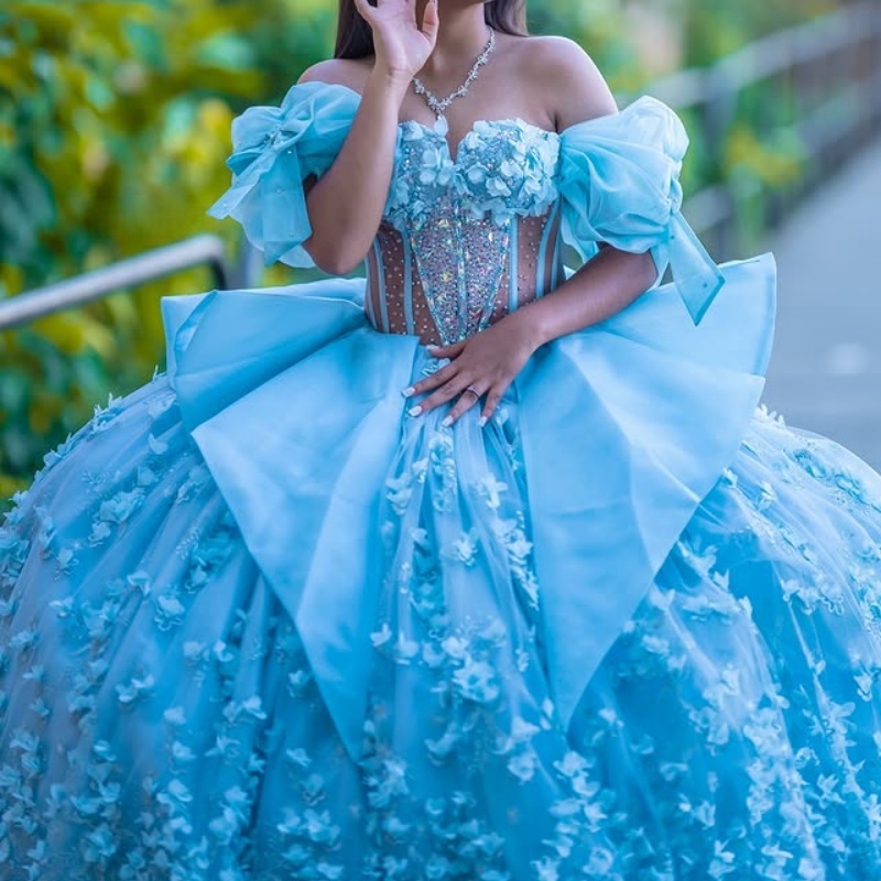 Blue Shiny Princess Quinceanera Dresses Appliqued Flower Beads Tull Bow Sweet 16 Dress Sweetheart Off Shoulder Ball Gown Vestidos 15 anos
