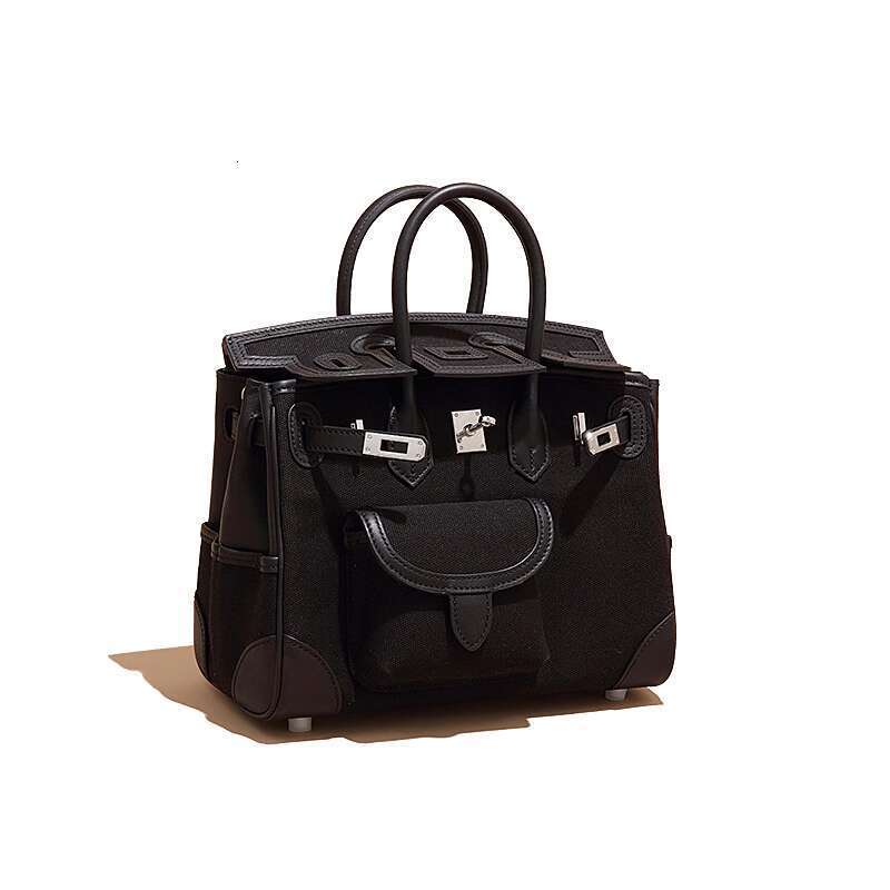 Women's Bags Small niche design cargo bag women's canvas patchwork color genuine leather 25cm handle handbag