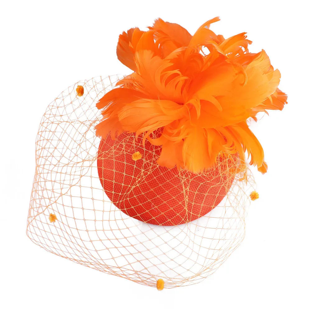 Orange Linen Cocktail Fascinator Hat Derby Millinery Hair Accessories Elegant Cover Face Veils Feather Flower Headband 250320