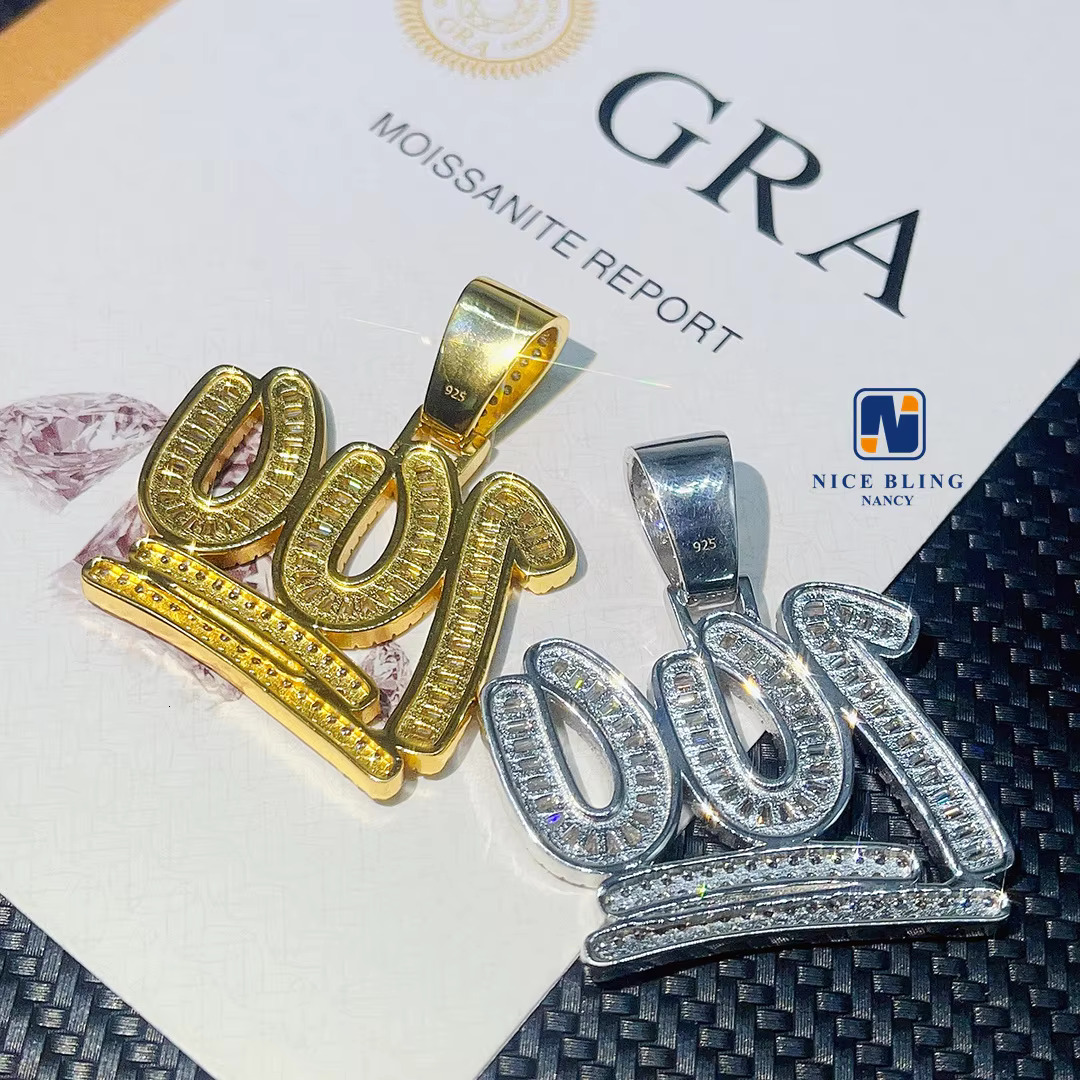 Hip Hop Jewelry Custom Charm Lucky Number 100 Pendant Baguette VVS Moissanite Pendant Iced Out Necklace