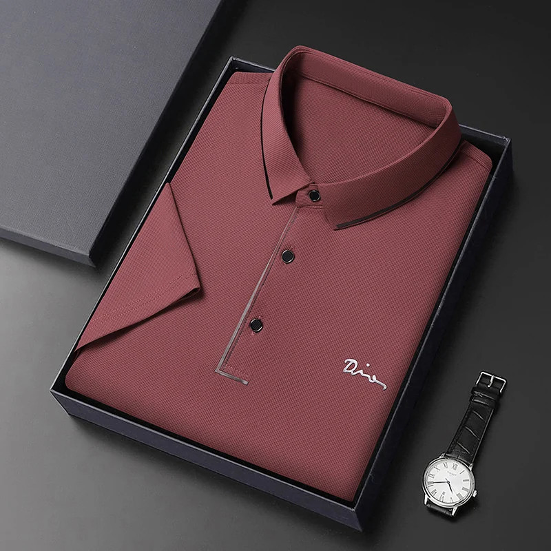 Ice Silk Polo T Shirt Mens Short Sleeved Solid Color POLO Breathable and Comfortable Elastic Tops 250311