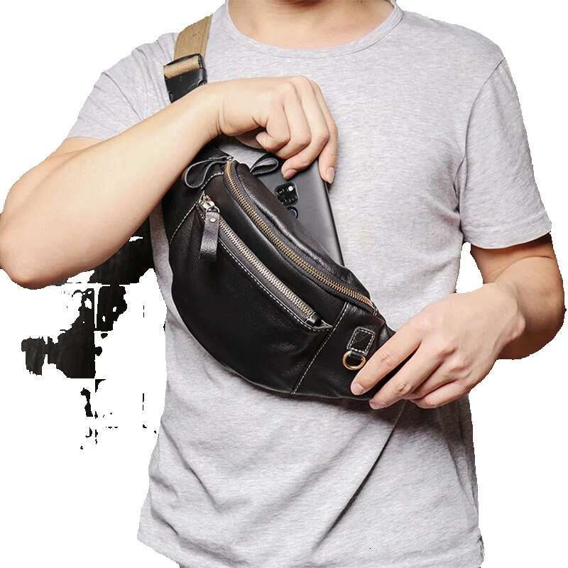 ROOG Stylish Black Genuine Leather Chest Versatile Multi-Pocket Casual Waist Bag | Great For Travel And Everyday Use