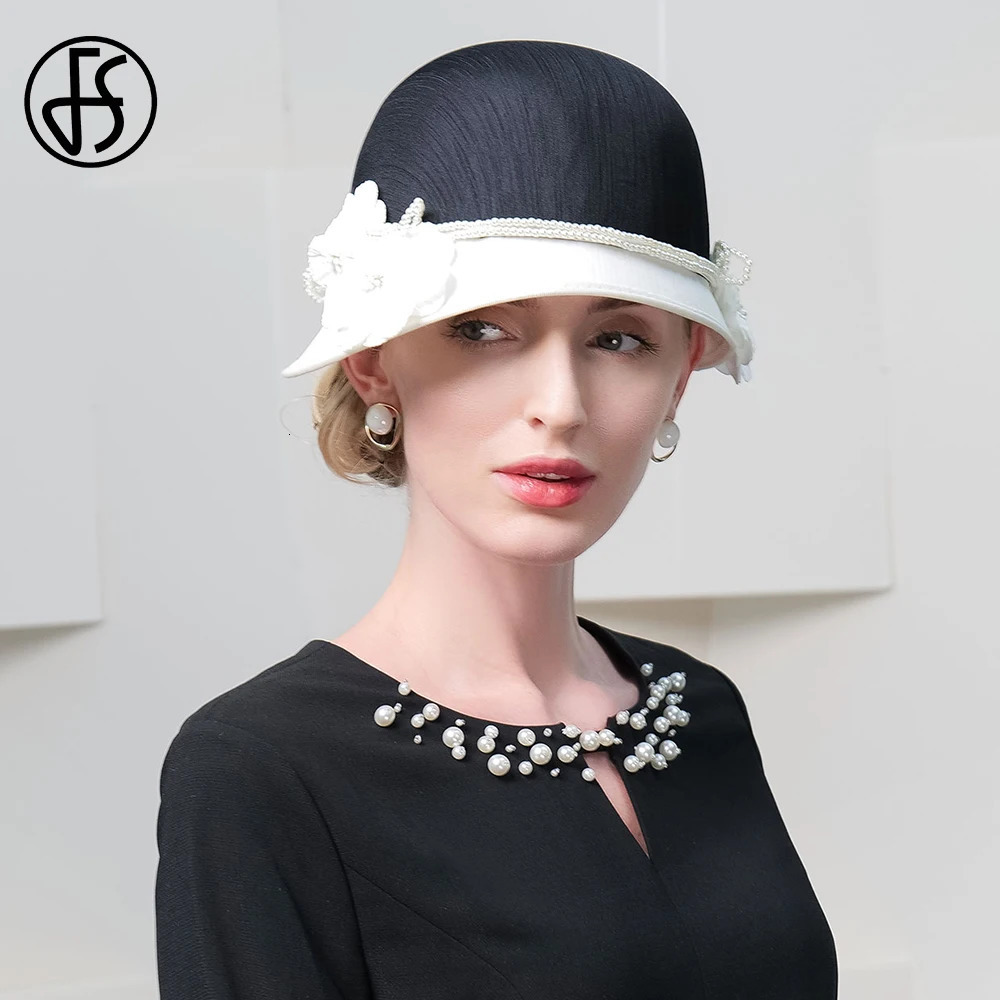 FS Elegant White Black Hat with Flowers Top British Ladies Retro Cocktail Party Hat Wedding Church Millionaire Winter 250320