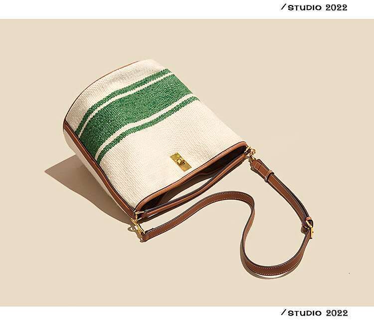 Women's Bags new niche design bucket high-end sense, contrasting color canvas woven bag, handle bag