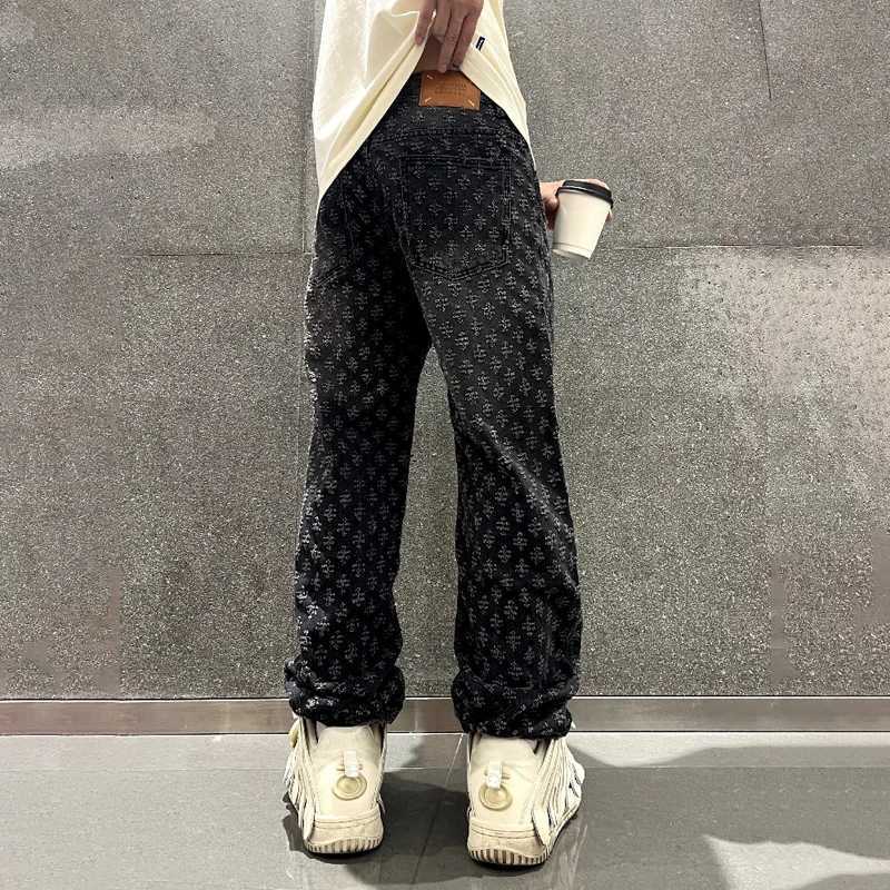 Jacquard pattern denim pants mens straight pocket bottom mens loose jeans M250325
