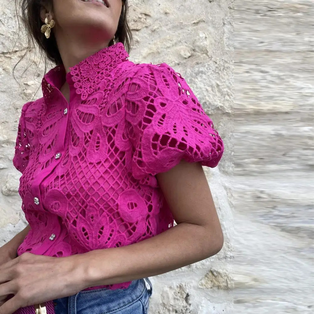 Lace Shirt Top Women Elegant Blouse Lace Crochet Shirt for Women Slim Fit Lapel Short Sleeve Shirt with Puff Sleeves Women 250321