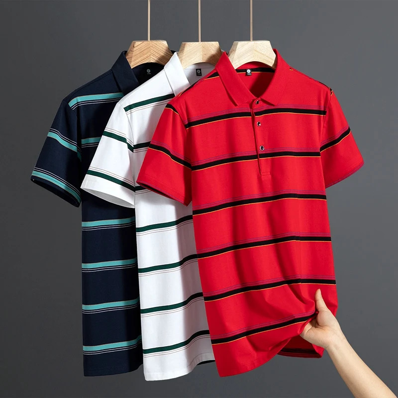 Summer mens polo shirt pure cotton short sleeved Tshirt thin striped business casual breathable pleated top 250311