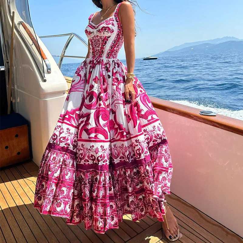 Runway 2024 Summer Runway Red White Porcelain Floral Print Long Maxi Beach Dresses Women Straps Sundress X250324