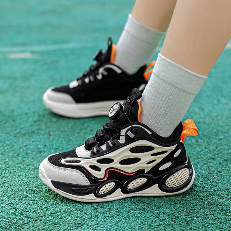 Fashionable childrens basketball anti slip and wear-resistant sports shoes for boys and girls mesh breathable rotating buckle young casual coach W2503