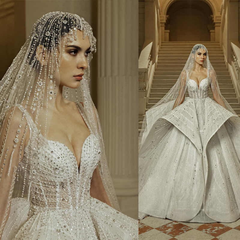 Luxury White Ball Gown Wedding Dresses With Full Appliques Sequins Beads Pearls Wave Details Organza Bodice Bridal Gowns Chic Dubai Custom Made Vestid