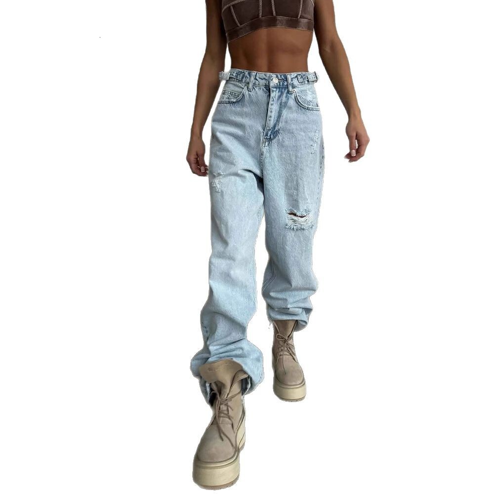 Jeans for women, straight tube, loose and luxurious, summer high waist, slimming, beggar, ripped hole, wide leg pants, trendy