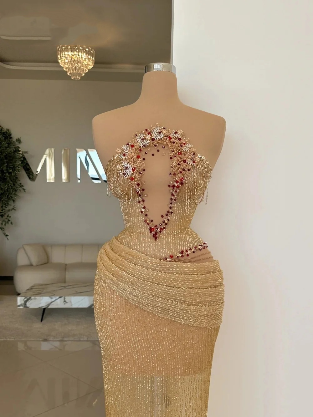 Sexy Mermaid Evening Dresses Sheer Neck Sleeveless Gown Sequins Lace Beaded See Through Sweep Train Party Customized Dress