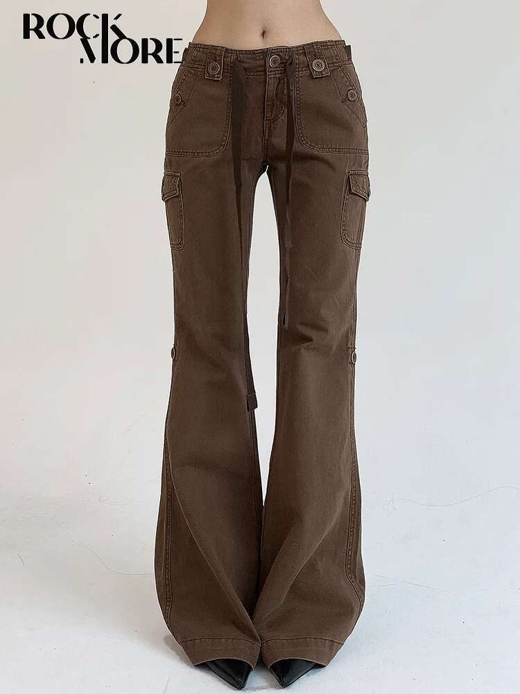 Rockmore Brown Low Rise Flare Jeans For Women Streetwear Y2k Aesthetic Cargo Jean Pants Vintage Denim Trousers Grunge Fairycore