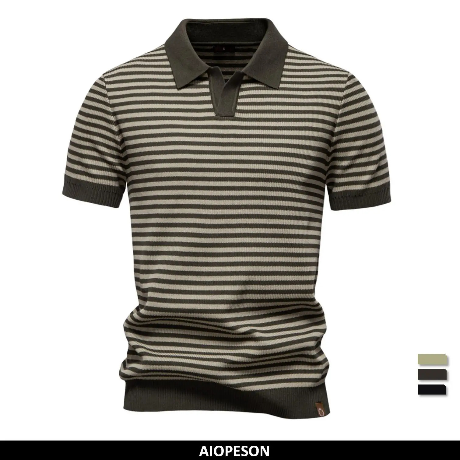 AIOPESON 2025 Mens Contrast Striped Polo Shirt Lightweight VNeck Knit Top with Breathable Textured Panels 250311
