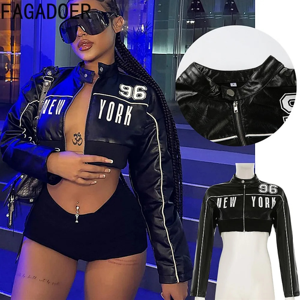 FAGADOER Y2K Leather Jacket Womens Black Letter Printed Motorcycle Punk Coat Zipper Cut Jacket Girl Street Clothing 250322