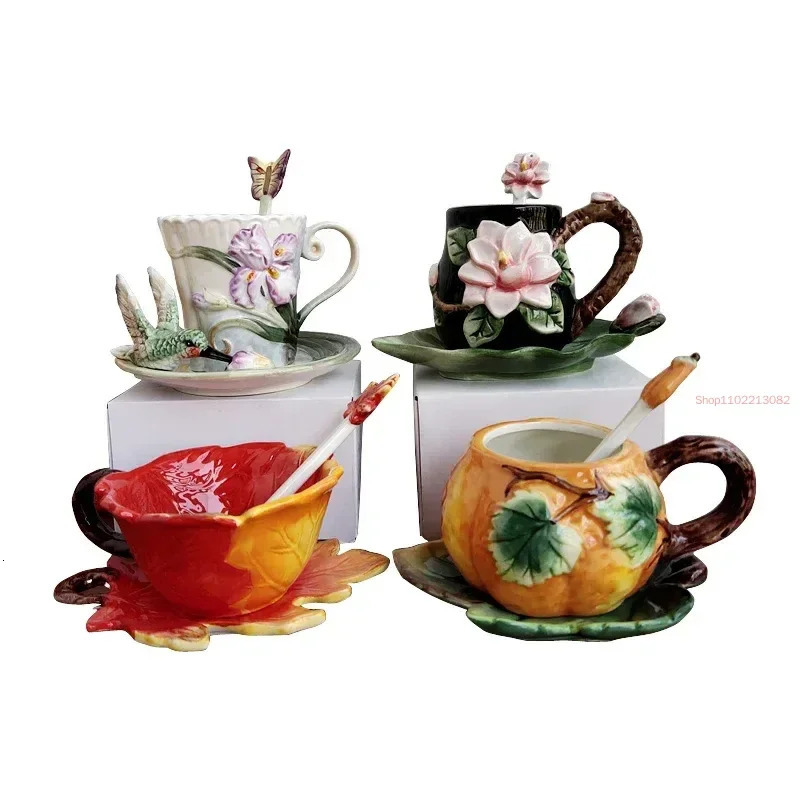 Creative Sunflowers Roses Ceramic Cups Family Afternoon Tea Coffee Cup SetElegant French Tea Set MugsButterfly Spoon 250325