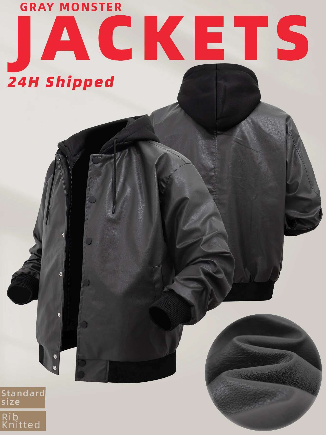 Men's Vintage Jackets Black False Two-Piece Hooded Pu Coats Loose Faux Leather Motorcycle Boomber Jacket For Fall&Winter