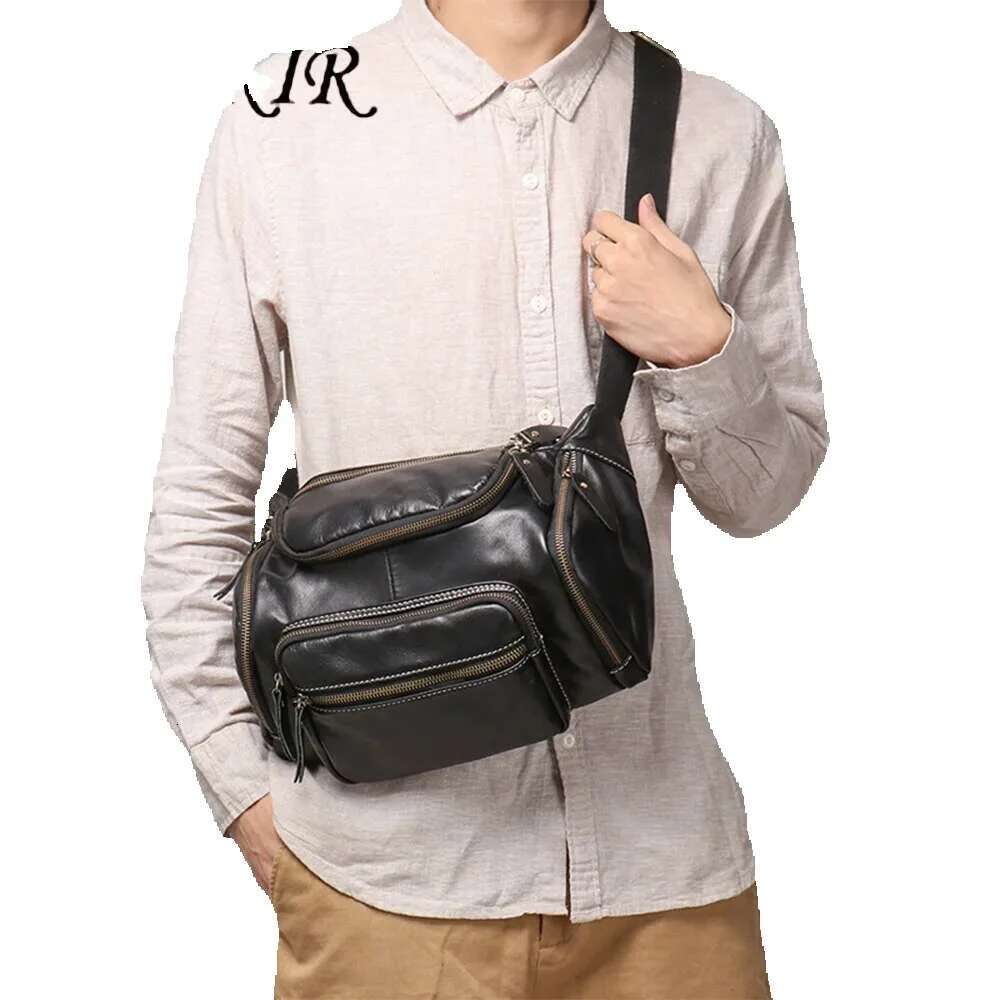 LUOKIR Genuine Men's Chest Large Capacity Oil Leather Waist Bag, Sports Cowhide Shoulder Crossbody Bag