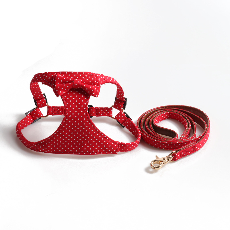 Polka Dots Bow Puppy Harness and Leash Set, No Pull Lightweight Soft Suede Lining Adjustable Pet Harness Vest with Snap Buckle for Puppy Small and Med