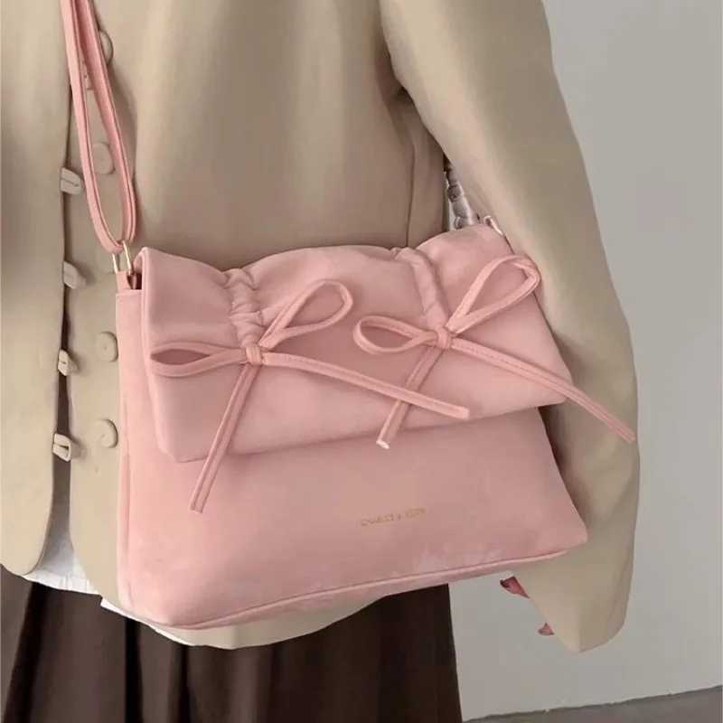 MBTI pink womens shoulder bag 2024 fashionable pleated elegant casual bow handbag scarf large capacity exquisite womens handbag Z250324