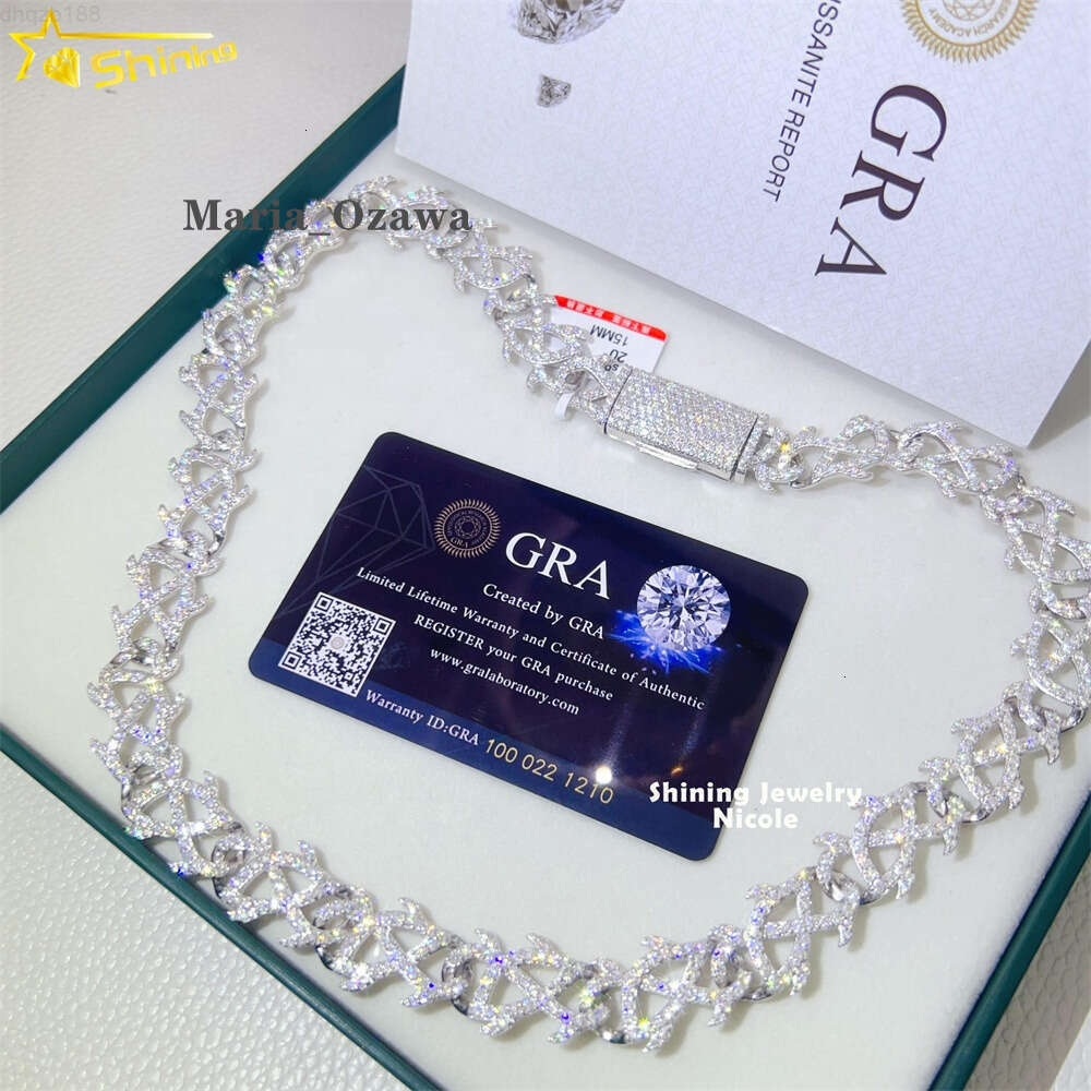 Customized New Design Gra Certificate 15mm Silver Moissanite Iced Out Cuban Link Chain