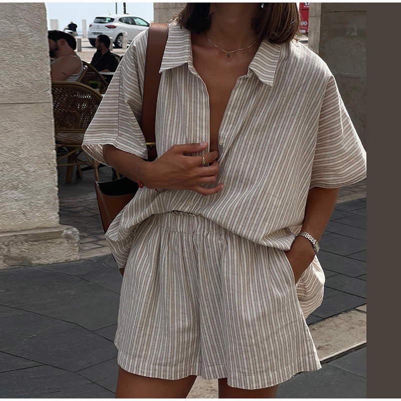 2025 Spring/Summer New Striped Shirt Shorts Set Fashionable, Comfortable, Casual, Loose and Versatile
