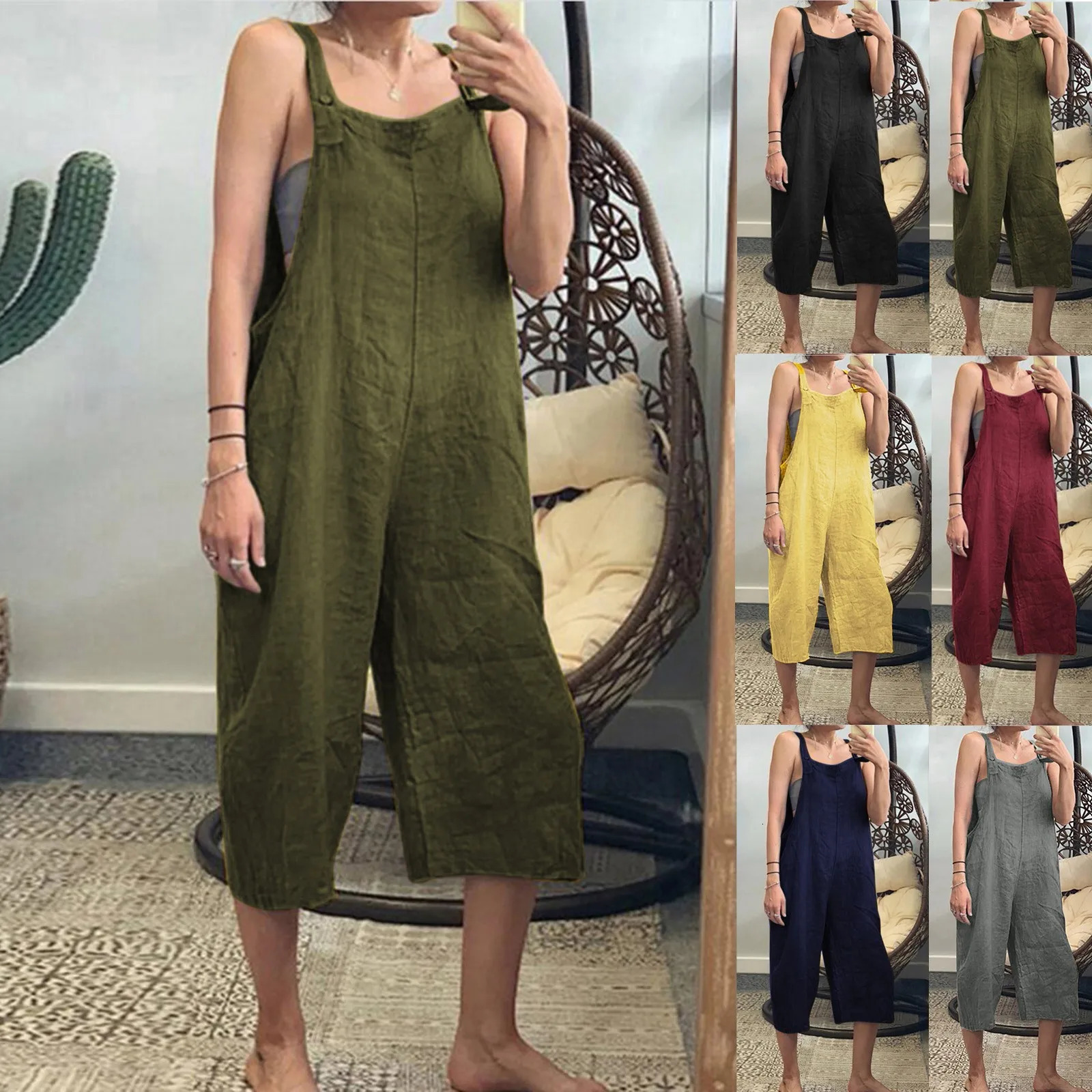Solid color womens loose cotton linen jumpsuit sleeveless harem coat retro pants dress 250324Z