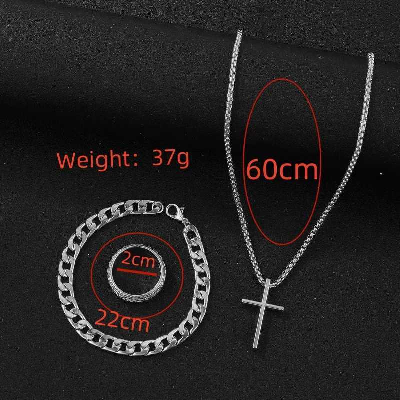 3 pieces/set Punk Black Cross Pendant Necklace Thick Chain Bracelet Ring Fashion Jewelry Set for Men Autumn W250325