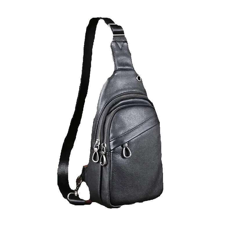 Men's Leather Chest Bun Head Layer Real Cowhide Crossbody Casual Retro Youth All-In-One Shoulder Classic Men's Bag